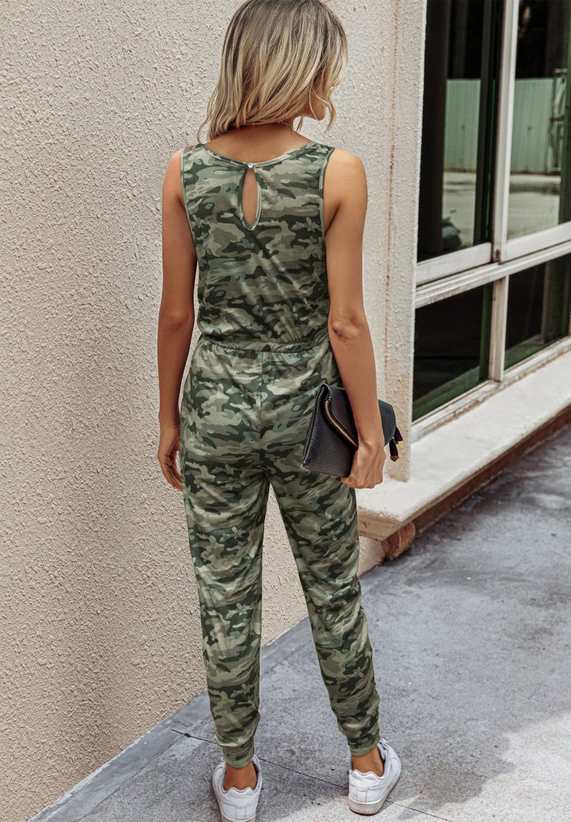 KIRUNDO Women 2026 Summer Jumpsuits Casual Sleeveless Drawstring Elastic Waist Romper Vacation Cruise Airport Travel Outfits(Small, Camouflage) - Image 4